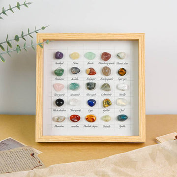 Natural Gemstone Collection Frame – 25-Stone Crystal Display (21.6 × 21.6 cm)