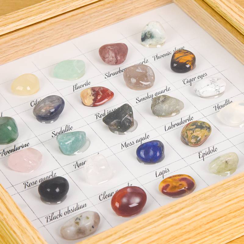 Natural Gemstone Collection Frame – 25-Stone Crystal Display (21.6 × 21.6 cm)