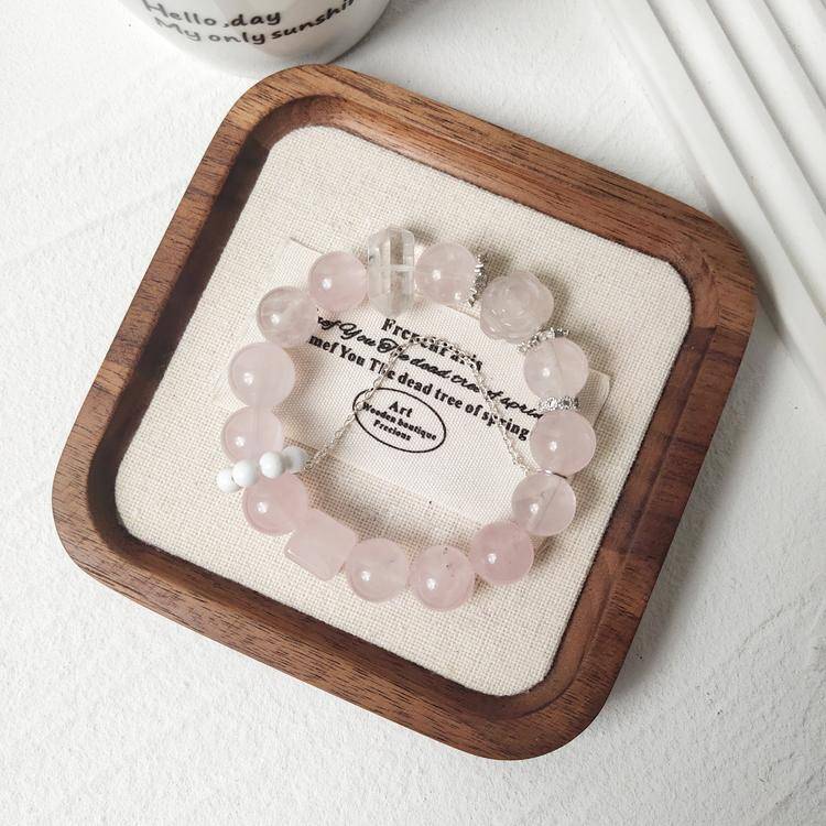Love Crystal Bracelet – Rose Quartz & Clear Quartz 11 mm, Carved Rose Accent