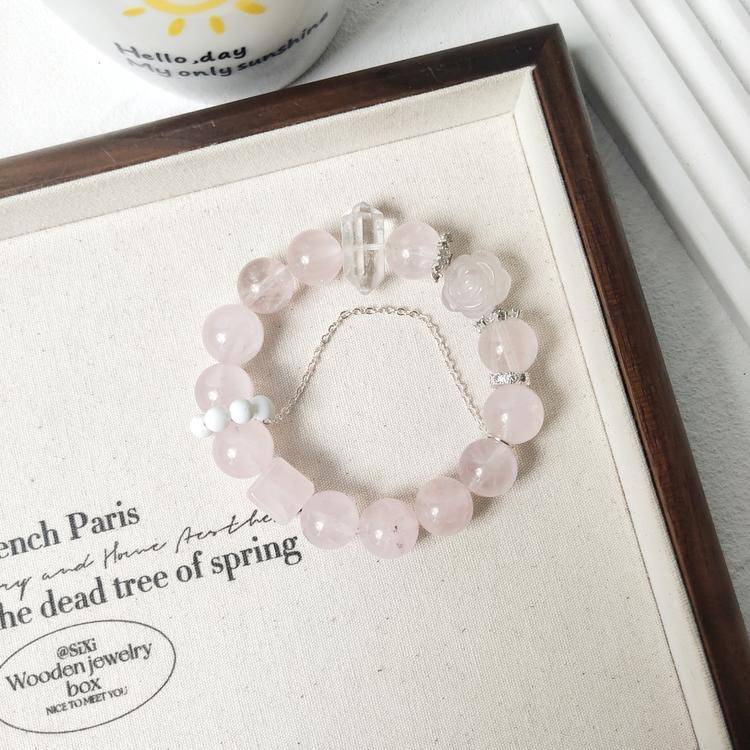 Love Crystal Bracelet – Rose Quartz & Clear Quartz 11 mm, Carved Rose Accent