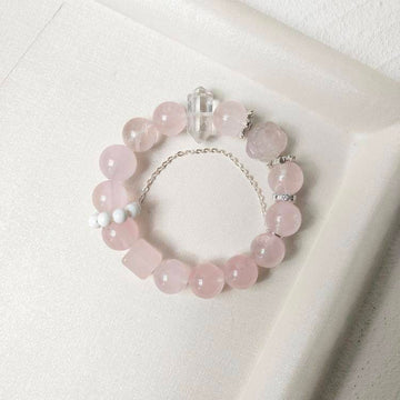 Love Crystal Bracelet – Rose Quartz & Clear Quartz 11 mm, Carved Rose Accent