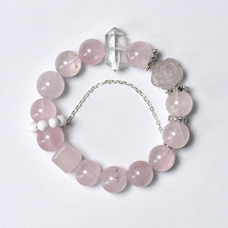 Love Crystal Bracelet – Rose Quartz & Clear Quartz 11 mm, Carved Rose Accent