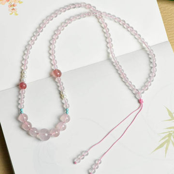 Love Crystal Necklace – Rose Quartz Statement Beads with Strawberry Quartz (Adjustable 67+16 cm)