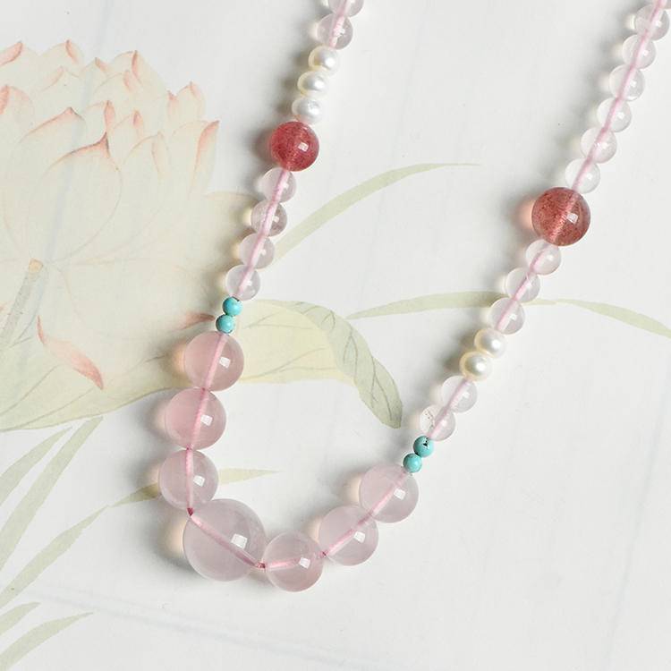 Love Crystal Necklace – Rose Quartz Statement Beads with Strawberry Quartz (Adjustable 67+16 cm)