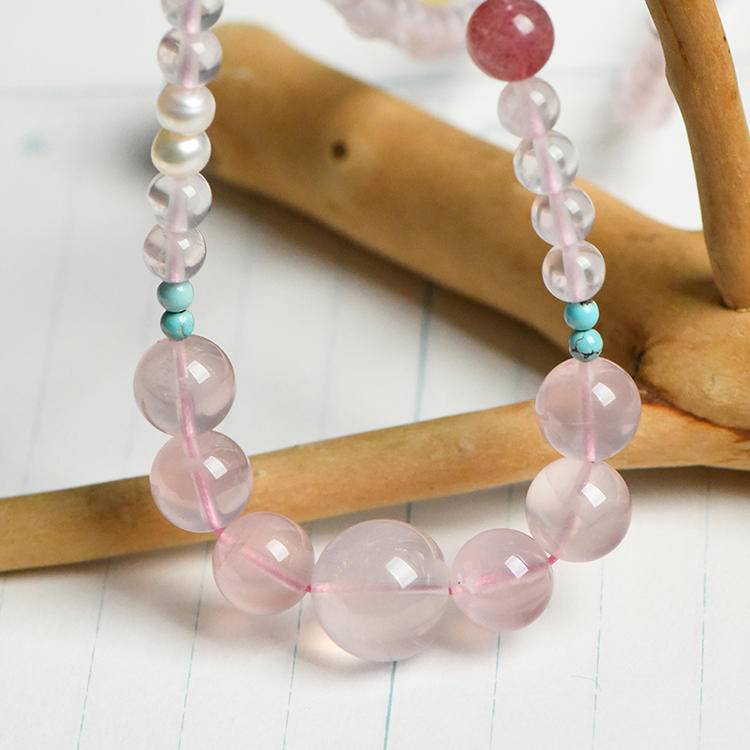 Love Crystal Necklace – Rose Quartz Statement Beads with Strawberry Quartz (Adjustable 67+16 cm)