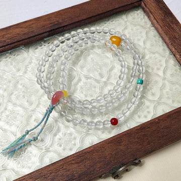 Focus Crystal Mala Wrap – Clear Quartz 108 Beads with Red Agate, Amber & Turquoise (6.5 mm)