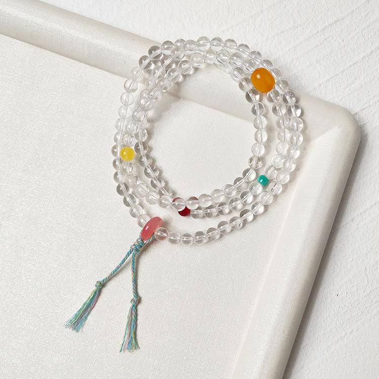 Focus Crystal Mala Wrap – Clear Quartz 108 Beads with Red Agate, Amber & Turquoise (6.5 mm)