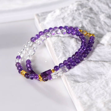 Calm Crystal Necklace – Amethyst & Clear Quartz Beads 6.5–7 mm, Faceted Accents