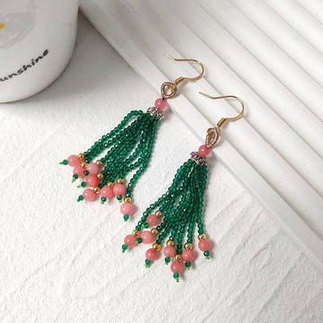Love Crystal Tassel Earrings – Rhodochrosite & Seed Bead Fringe (7.3 cm)