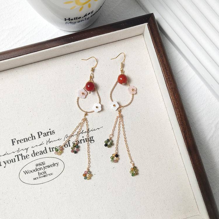 Confidence Chain Tassel Earrings – Red Agate & Tourmaline (10 cm)