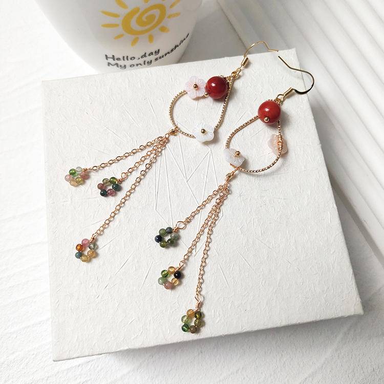 Confidence Chain Tassel Earrings – Red Agate & Tourmaline (10 cm)