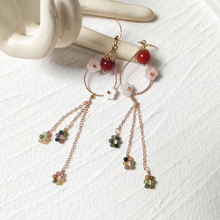 Confidence Chain Tassel Earrings – Red Agate & Tourmaline (10 cm)