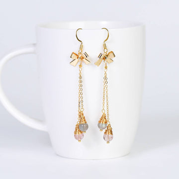 Love & Calm Tassel Earrings – Strawberry Quartz & Gray Moonstone (8.5 cm)