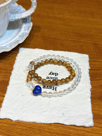 Agarwood & Clear Quartz Multi-Wrap Bracelet (Calm & Clarity) — 6 mm with Lapis Accent