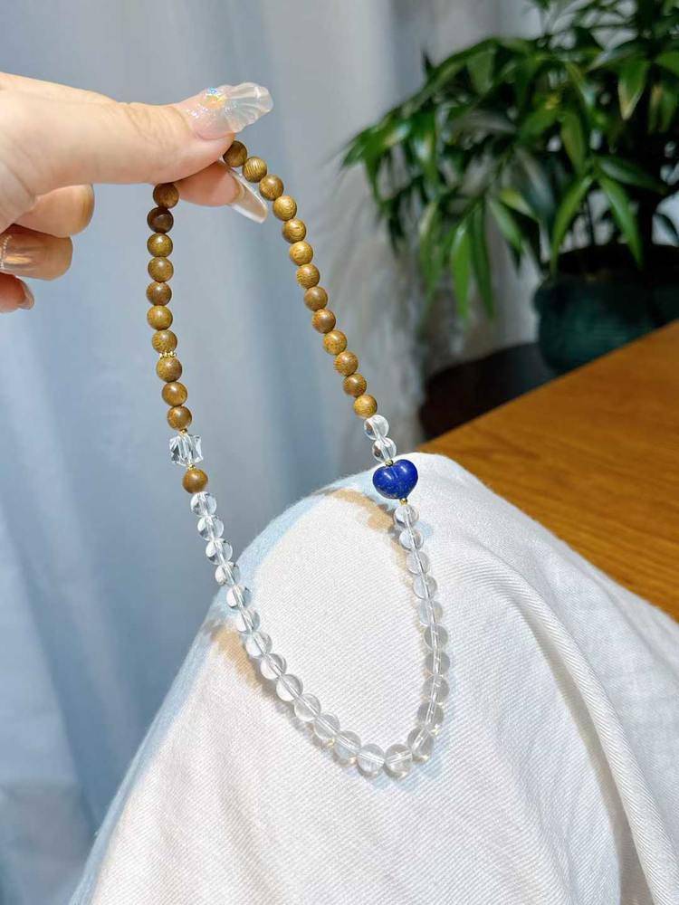 Agarwood & Clear Quartz Multi-Wrap Bracelet (Calm & Clarity) — 6 mm with Lapis Accent