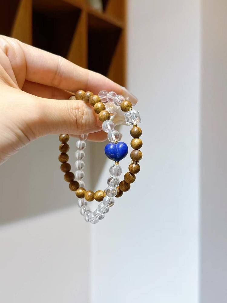 Agarwood & Clear Quartz Multi-Wrap Bracelet (Calm & Clarity) — 6 mm with Lapis Accent